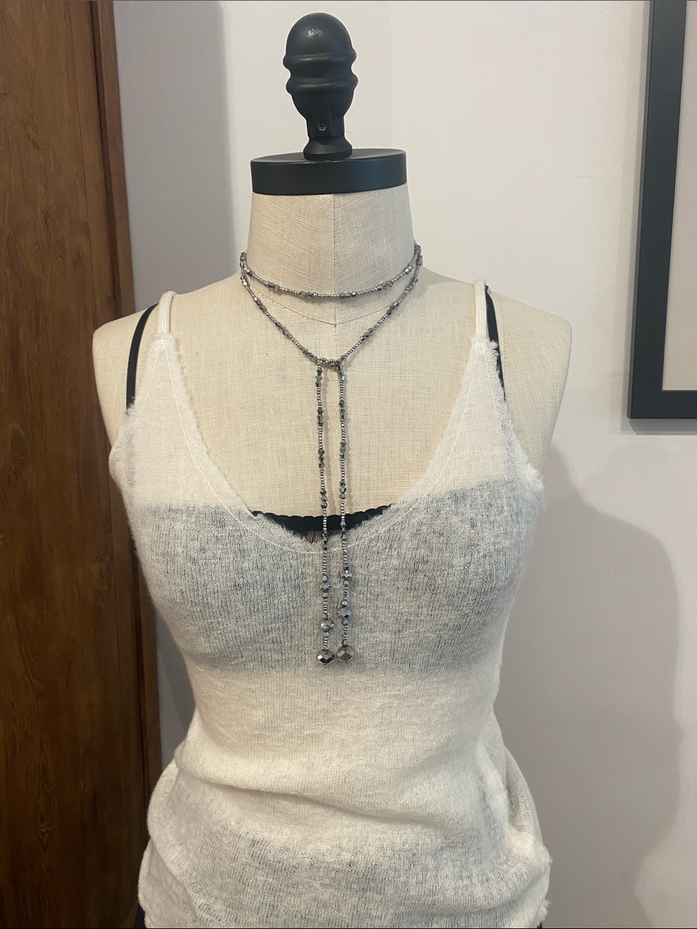 Delicate Hematite Bead Lariat Necklace - Silver Tone